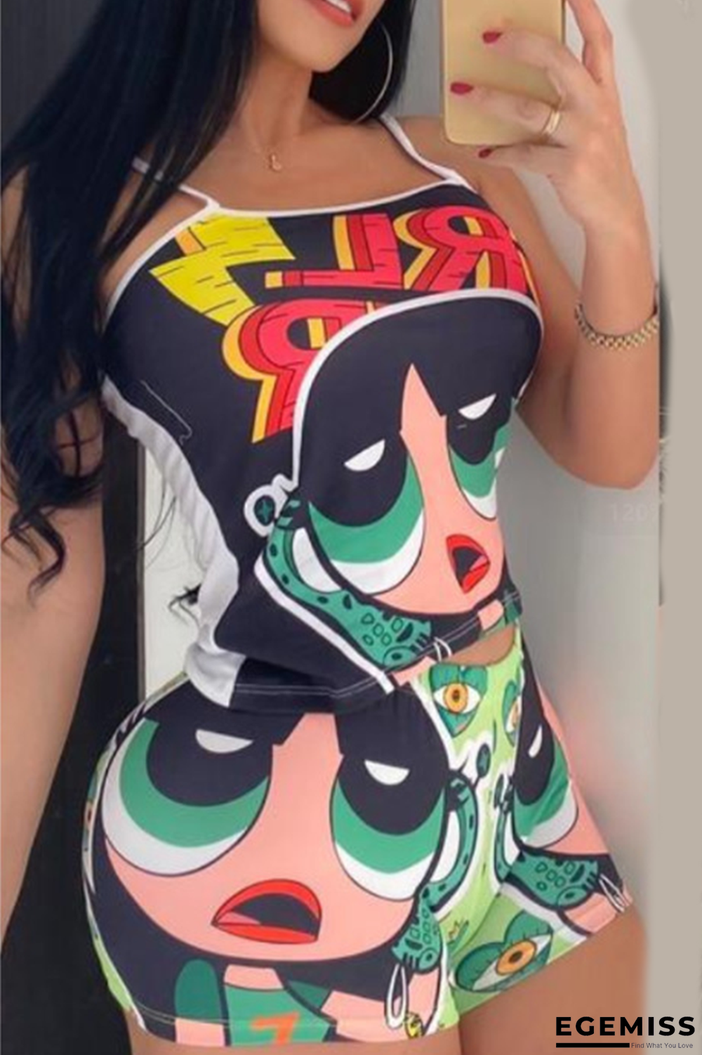 Green Sexy Print Patchwork Spaghetti Strap Sleeveless Two Pieces | EGEMISS