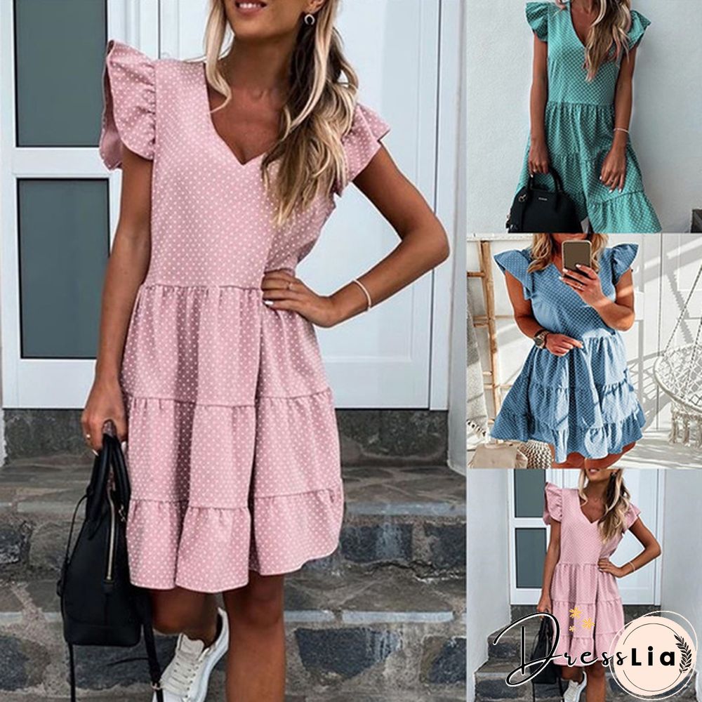 Summer Sundress Women Ruffles Sleeves V-Neck Dot Boho Vest Multi-Layer Connection Hem