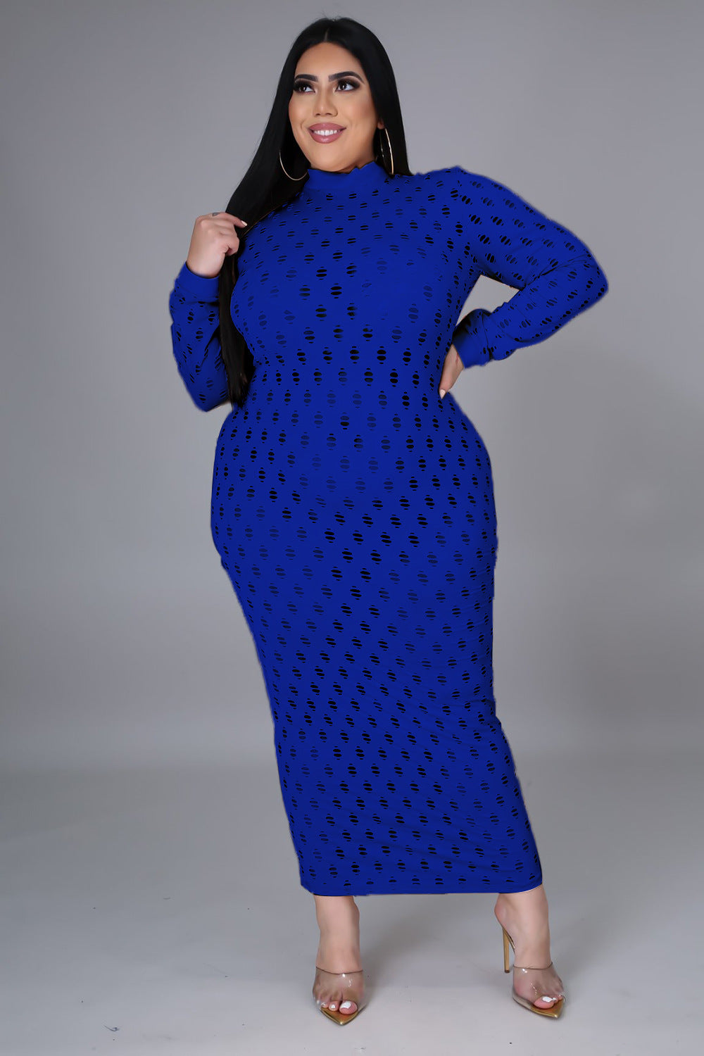 Plus Size Sexy See Through Long Sleeve Party Evening Dress