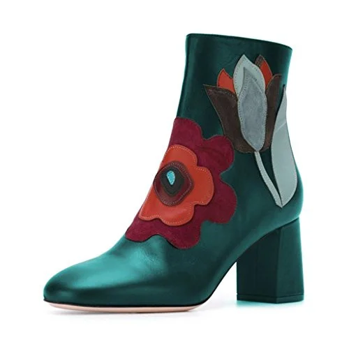 Navy Short Boots Flower Block Heel Fashion Ankle Boots US Size 3-15 |FSJ Shoes