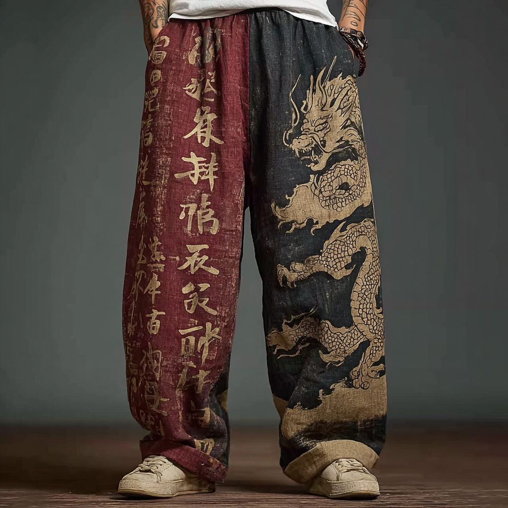 Japanese Art Retro Dragon Pattern Leisure Long Pants  artssus