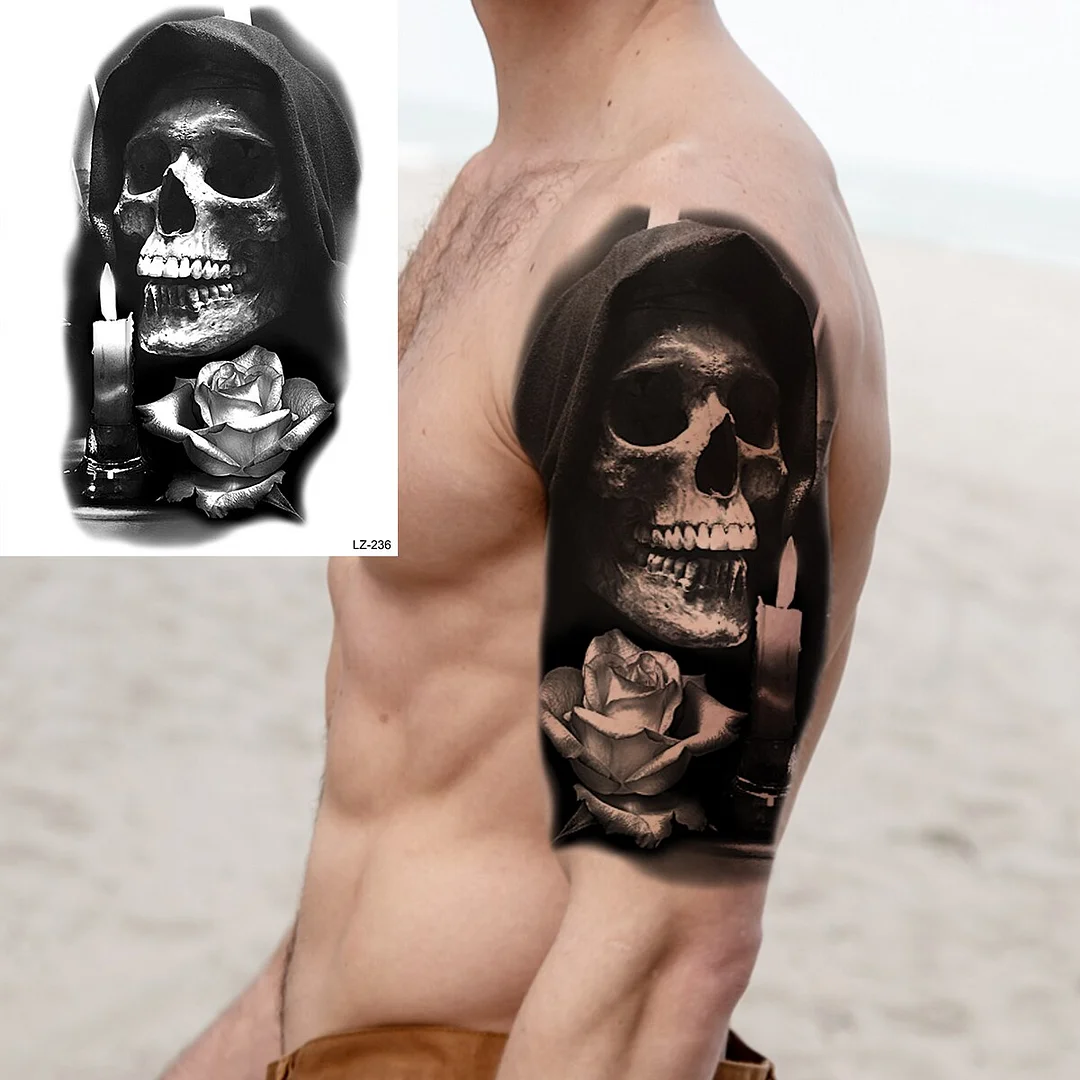 Sdrawing Black Skull Rose Flower Back Temporary Tattoos For Women Men Halloween Compass Round Fake Tattoo Sticker Skeleton