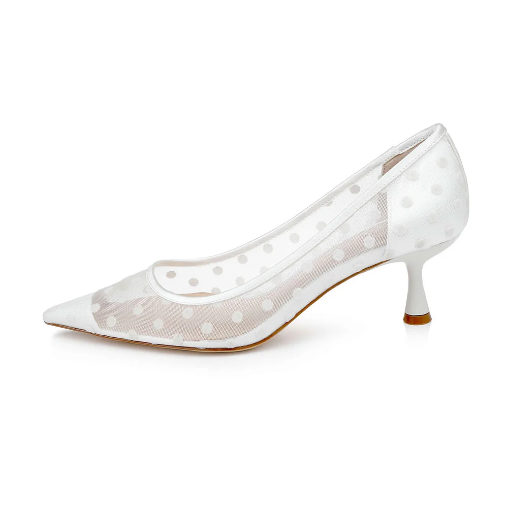 Breathable Mesh Polka Dot Pointed Toe Heeled White Pumps for Wedding