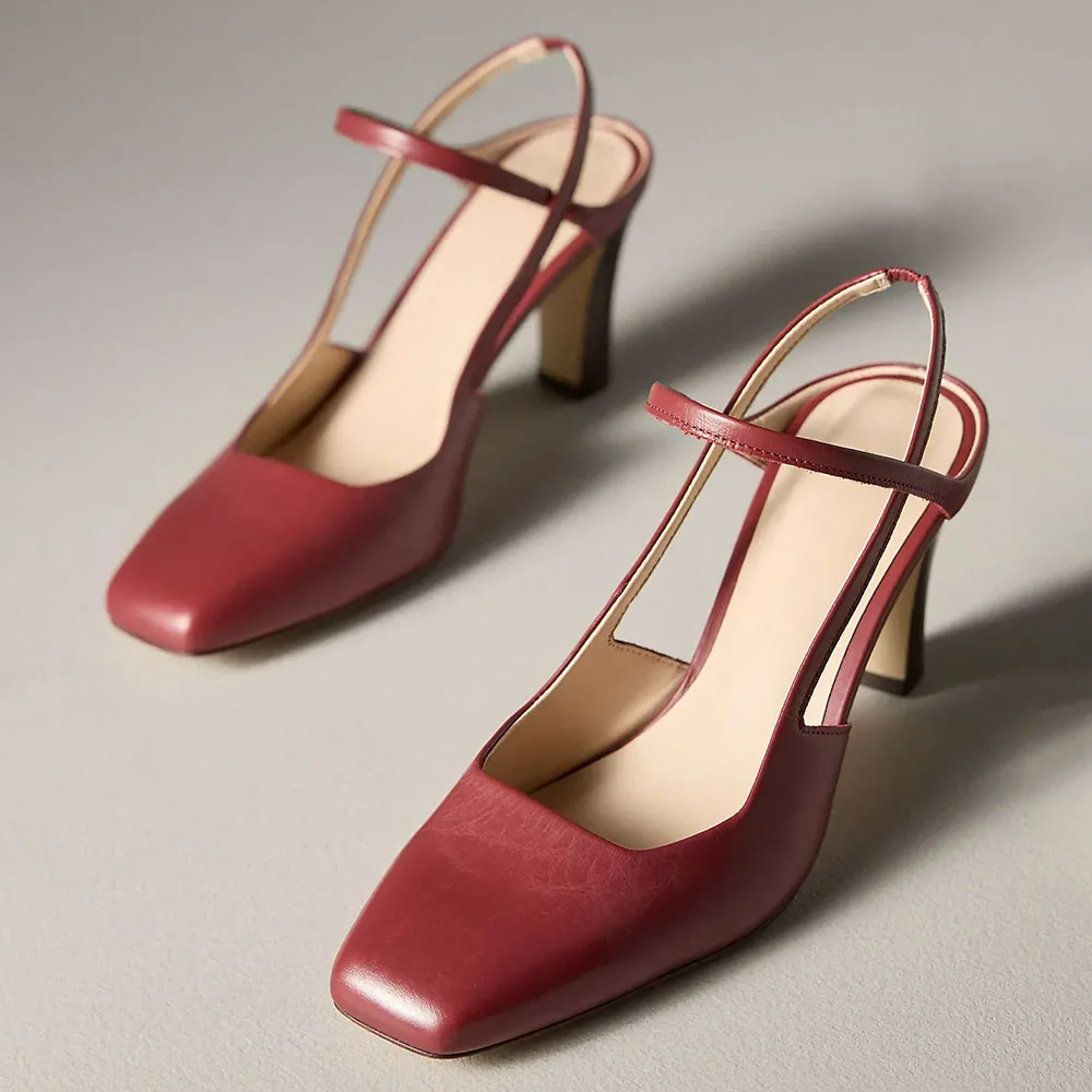 Maroon Square Toe Slingback Chunky High Heel Slip On Pumps Shoes