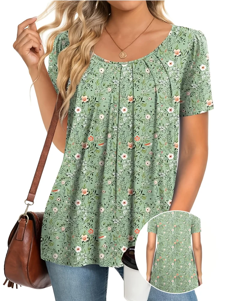 Women's Floral Print Loose-Fit Short Sleeve T-Shirt - Elegant Round Neck Blouse With Chest Ruching, Machine Washable For Spring Summer Fall Casual & Formal Wear, Ladies T Shirts, Seasonal Wardrobe Staple, Loose Fit Top, Quality Stitching, Pullover Shirt