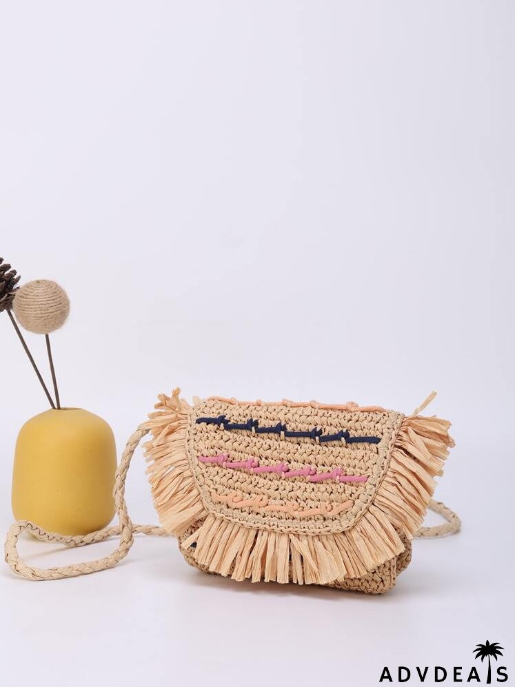 Mini Fringe Decor Flap Straw Bag
