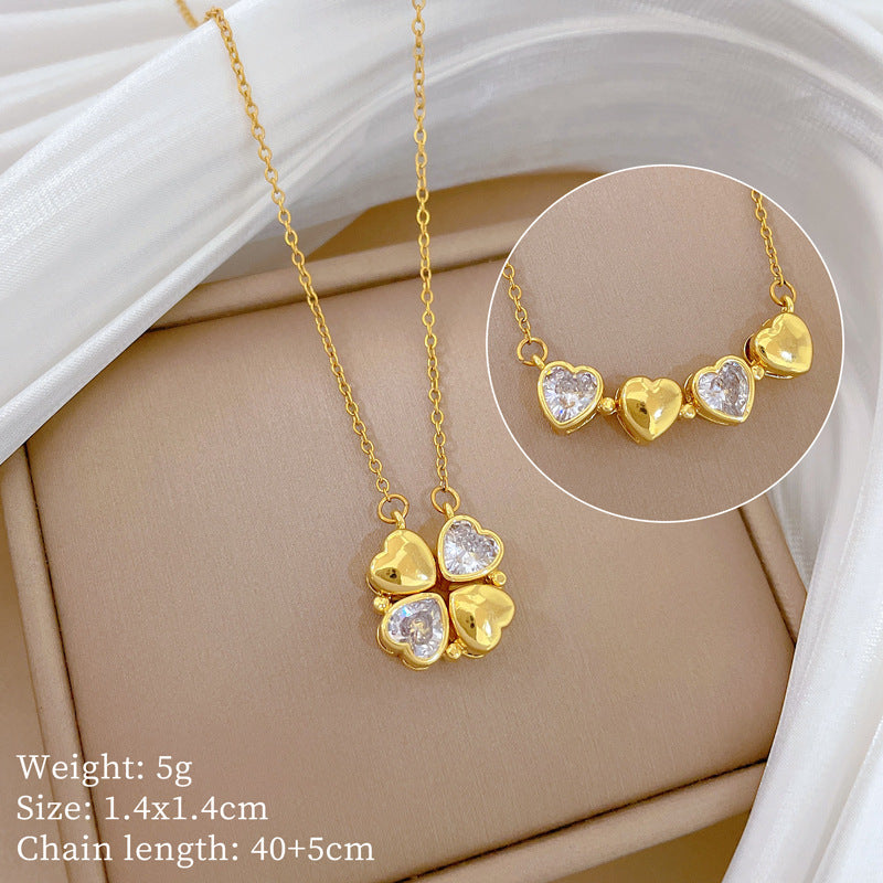 Women’S Necklace Two-Piece Heart-To-Heart Opening And Closing Four-Leaf Flower Full Diamond All-Match Clavicle Chain Titanium Steel