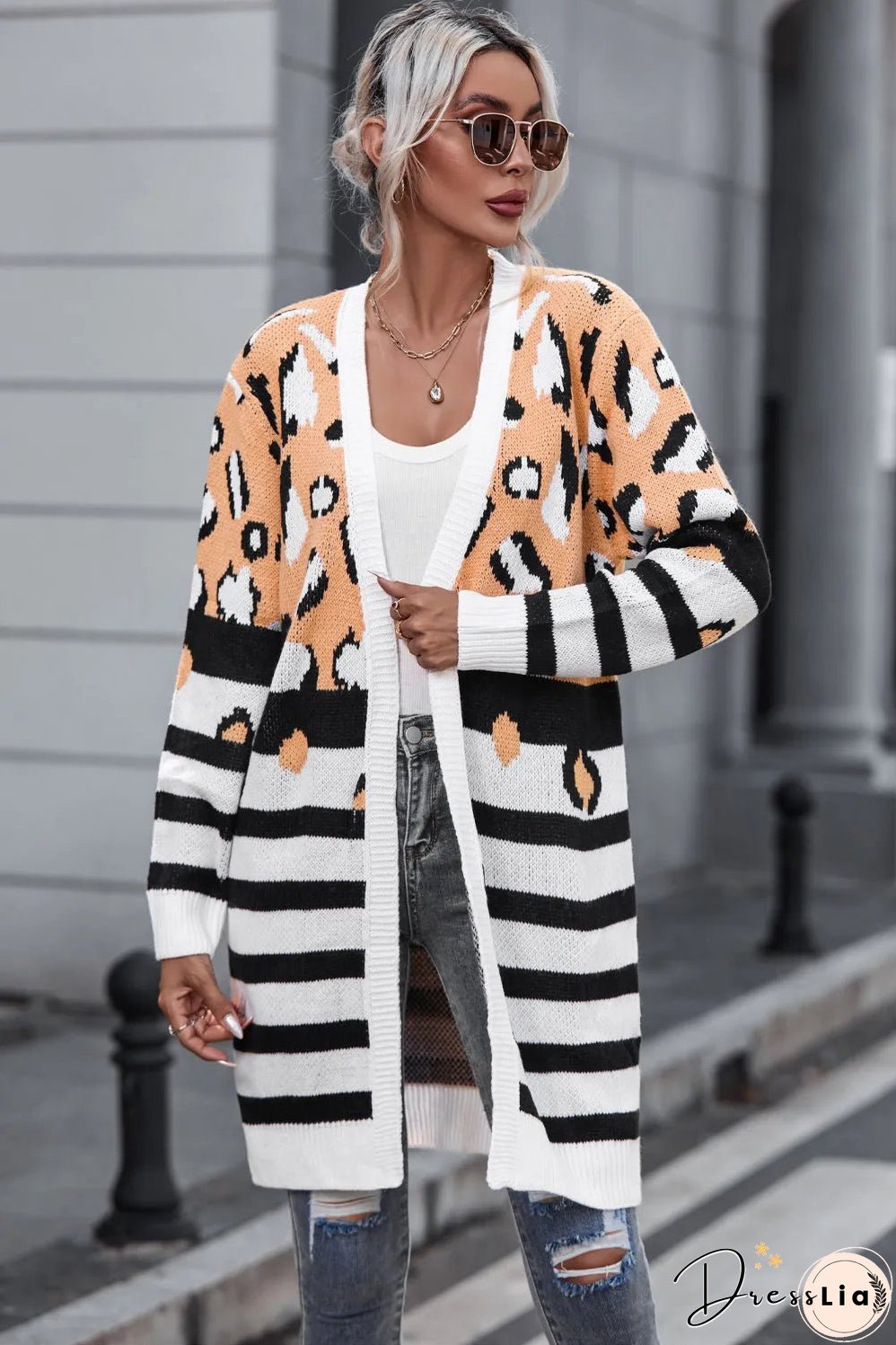 Brown Leopard Striped Mixed Print Open Front Cardigan