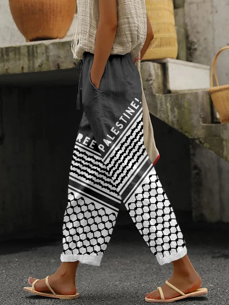 Free Palestine Keffiyeh Inspired Linen Blend Casual Pants