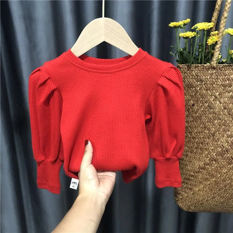 2021 Baby Toddler Teenage Girls Sweaters Tops Spring Autumn Long Puff Sleeve Knitted Kids Sweater For Girl Children's Clothes