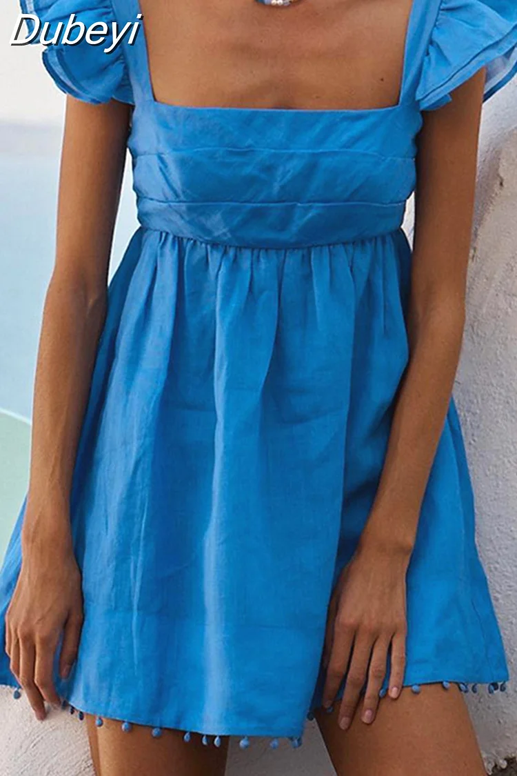 Dubeyi Summer Blue Cotton Women'S Dress 2023 Elegant Square Neck Short Sleeve Loose Dresses Casual High Waist Mini Dresses Female