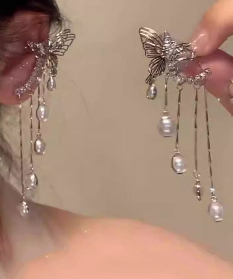 VCSHOES Silk Copper Zircon Pearl Butterfly Tassel Drop Earrings