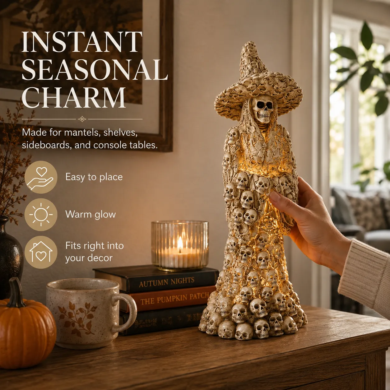 Glowing skull witch statue adds seasonal Halloween charm