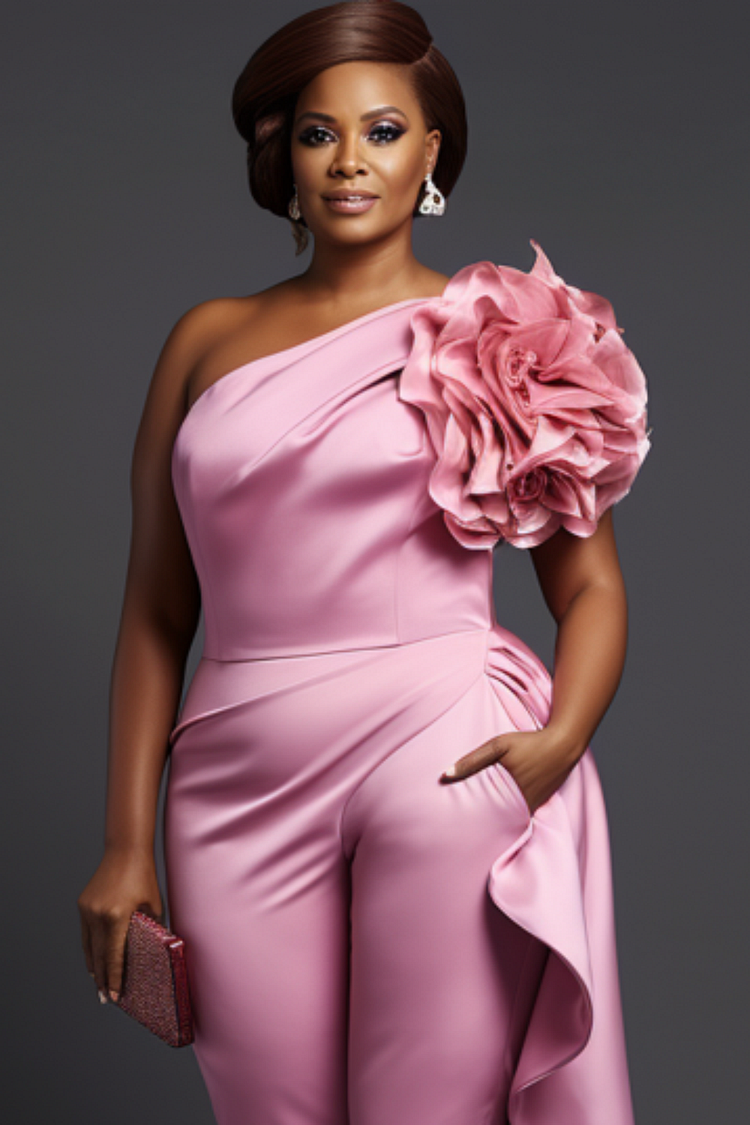 Xpluswear Design Plus Size Formal Pink Elegant One Shoulder 3D Pocket Satin Jumpsuits [Pre-Order]