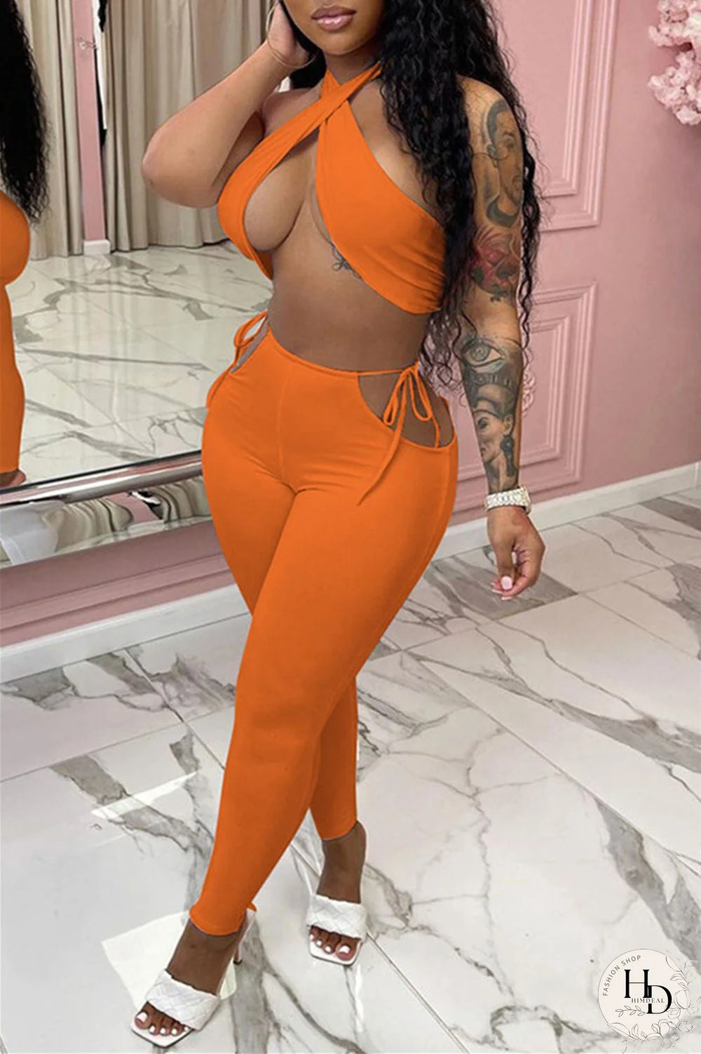 White Fashion Sexy Solid Backless Halter Sleeveless Two Pieces