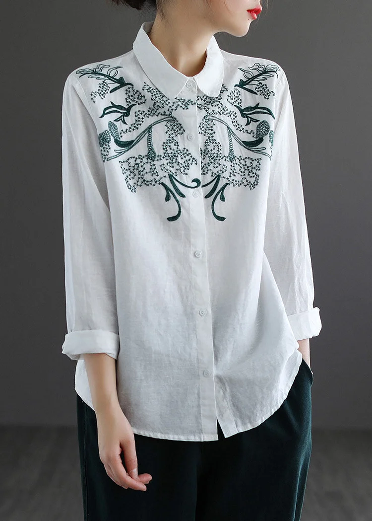 White Cotton Shirt Top Embroideried Oversized Long Sleeve