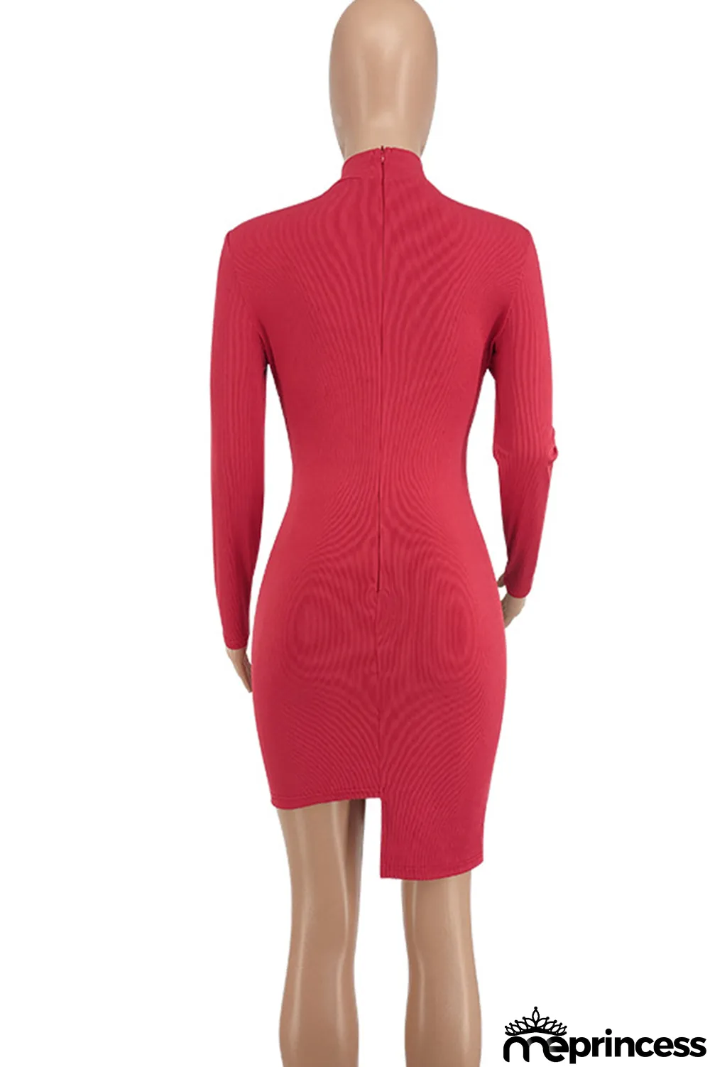 Red Fashion Sexy Patchwork Hollowed Out Asymmetrical O Neck Long Sleeve Dresses
