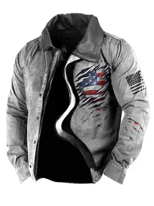 Men's Vintage American Flag Print Leather Collar Tactical Jacket
