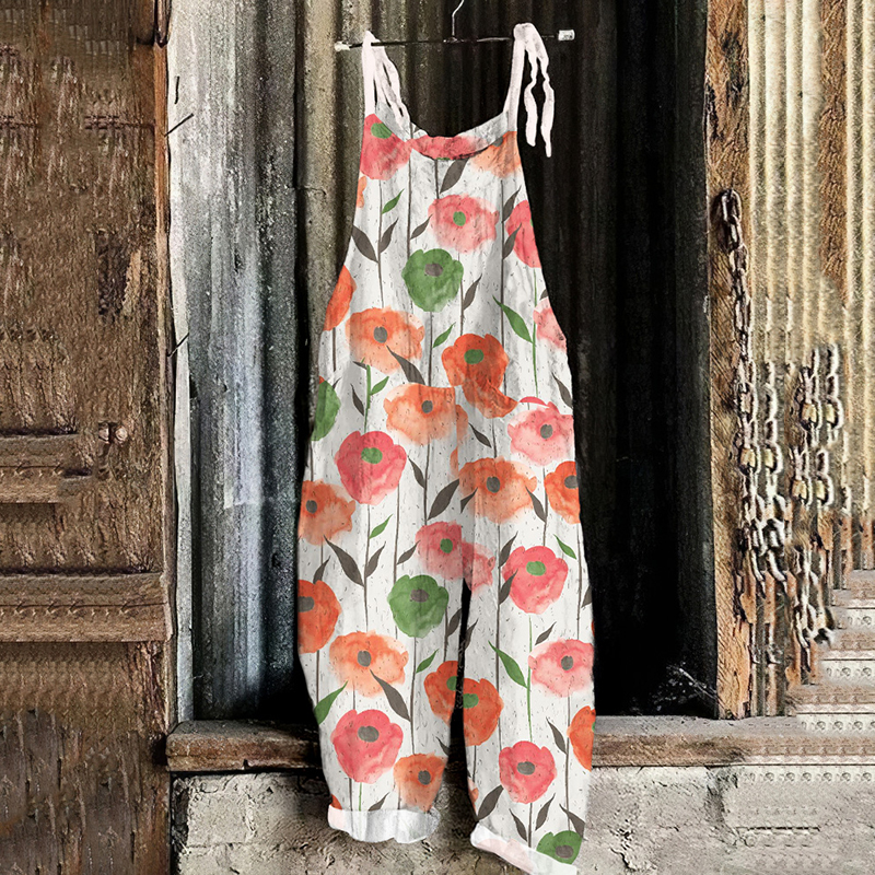 Vintage Flowers Art Print Linen Loose Casual Jumpsuit