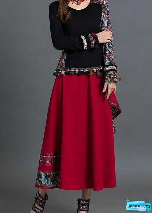 Stylish Red Wrinkled Asymmetrical Design Patchwork Cotton Skirt Spring