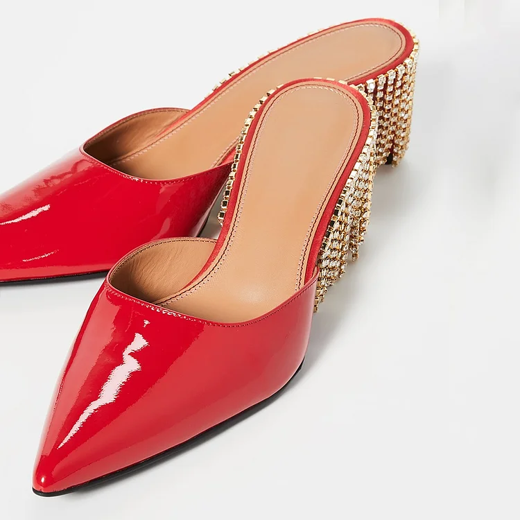 Red Patent Leather Kitten Heel Mules with Rhinestone Chains Vdcoo