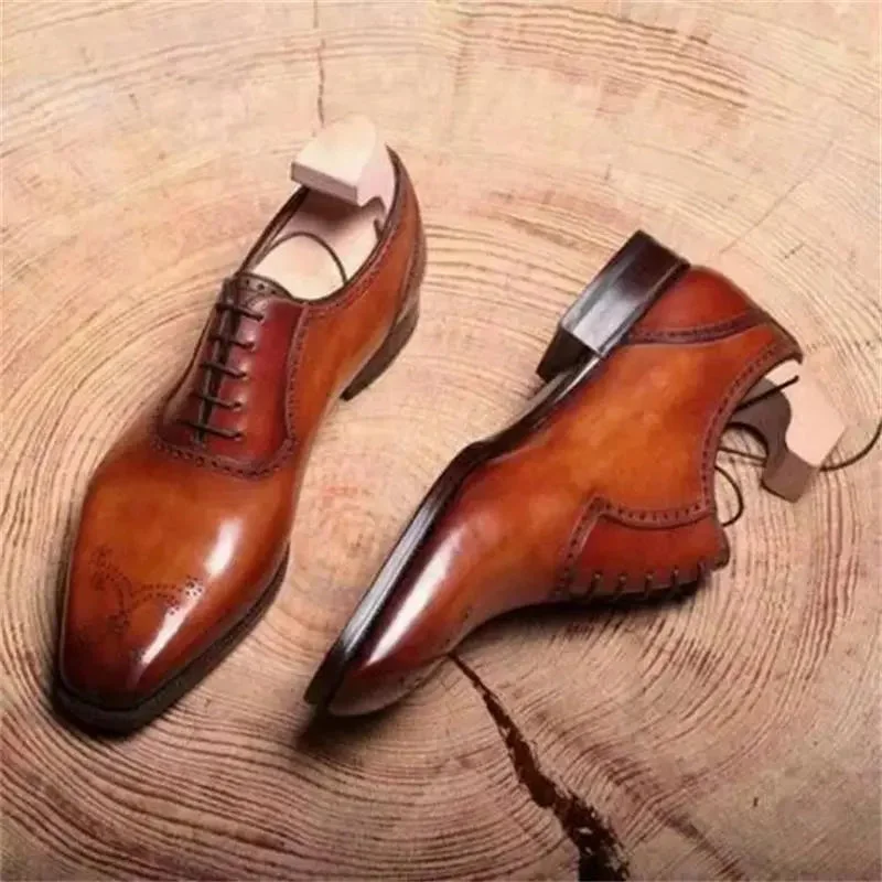 Vstacam 2022 New Men Shoes Handmade Brown PU Square Head Low-heel Hollow Lace-up Fashion Business Casual Dress Oxford Shoes 3KC580