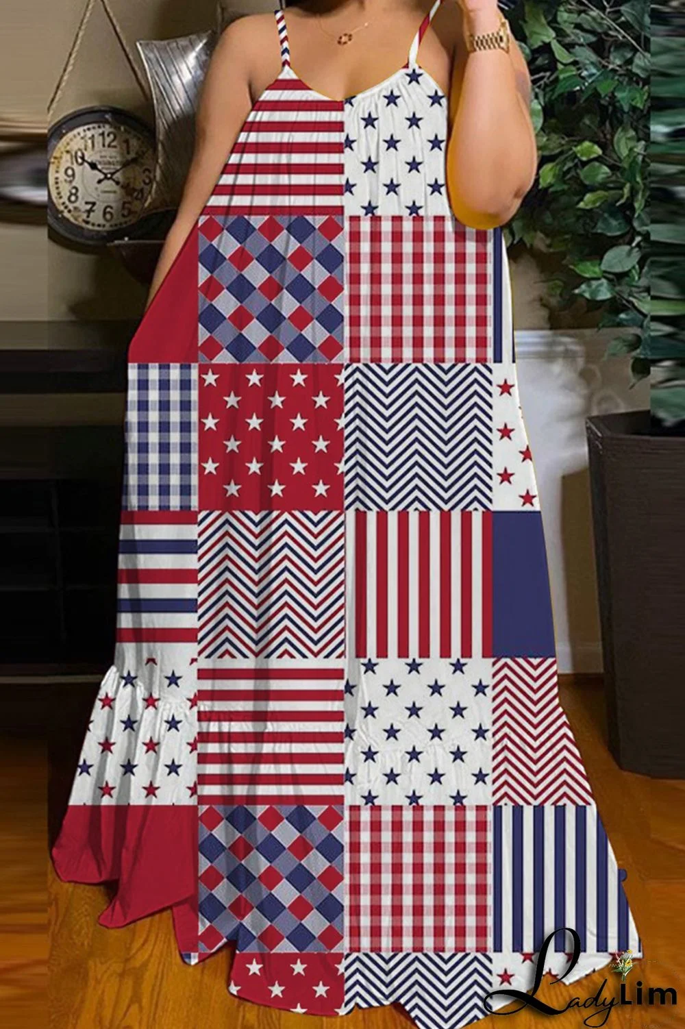 Red White Fashion Casual Print Backless Spaghetti Strap Long Dress