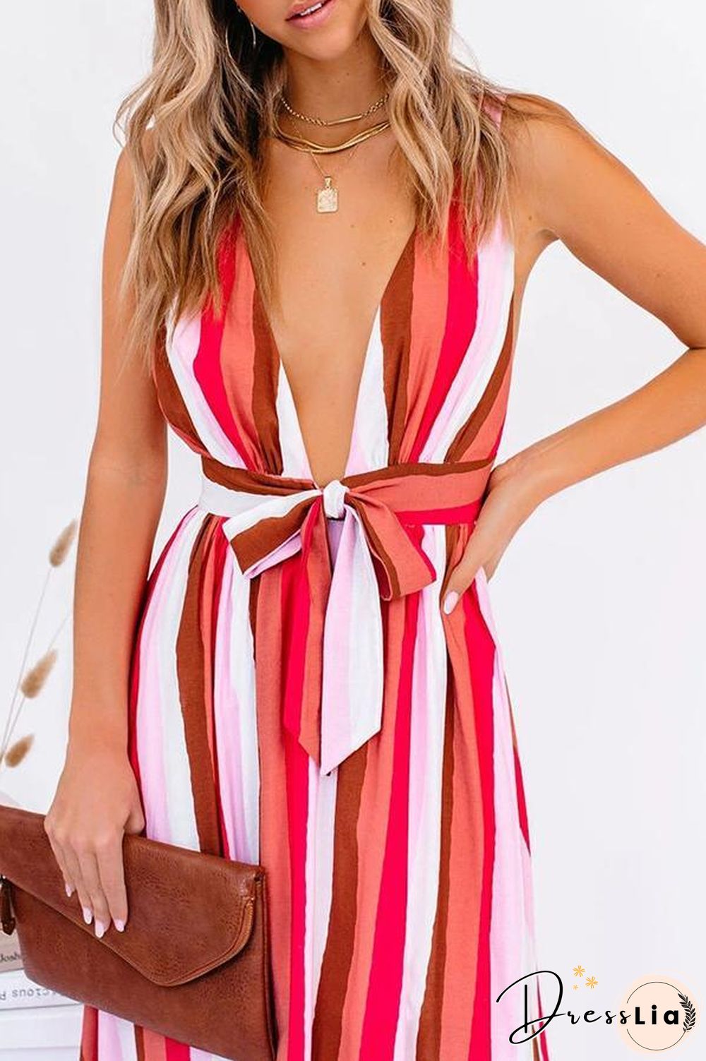 V-neck Striped Bow Multi-Length Dress P16361
