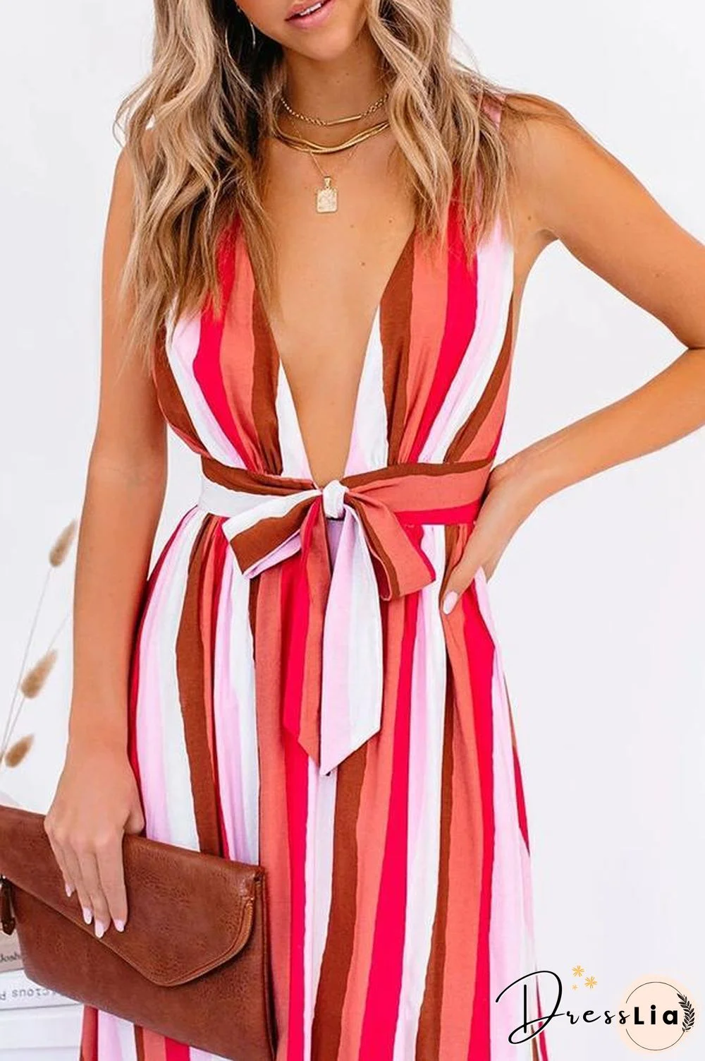 V-neck Striped Bow Multi-Length Dress P16361