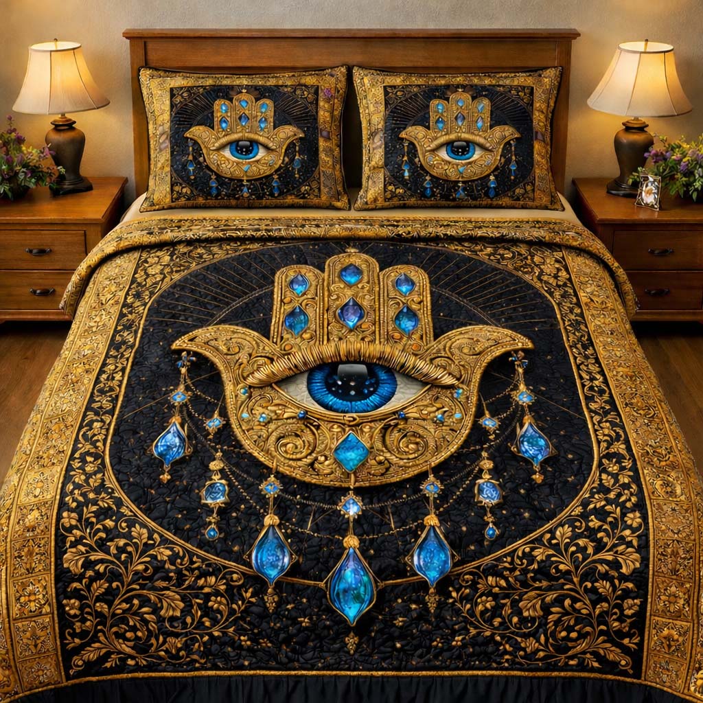 Midnight Hamsa Protection 3-Piece Quilted Bedding Set GFTOHD14052
