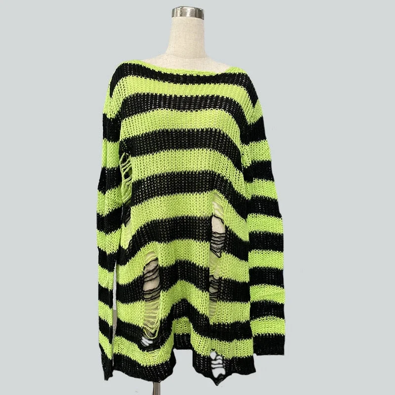 2021 Women Man  Sweater Dress Punk Gothic Long Unisex Cool Hollow Out Hole Broken Striped Jumper Loose Rock Thin Sweater