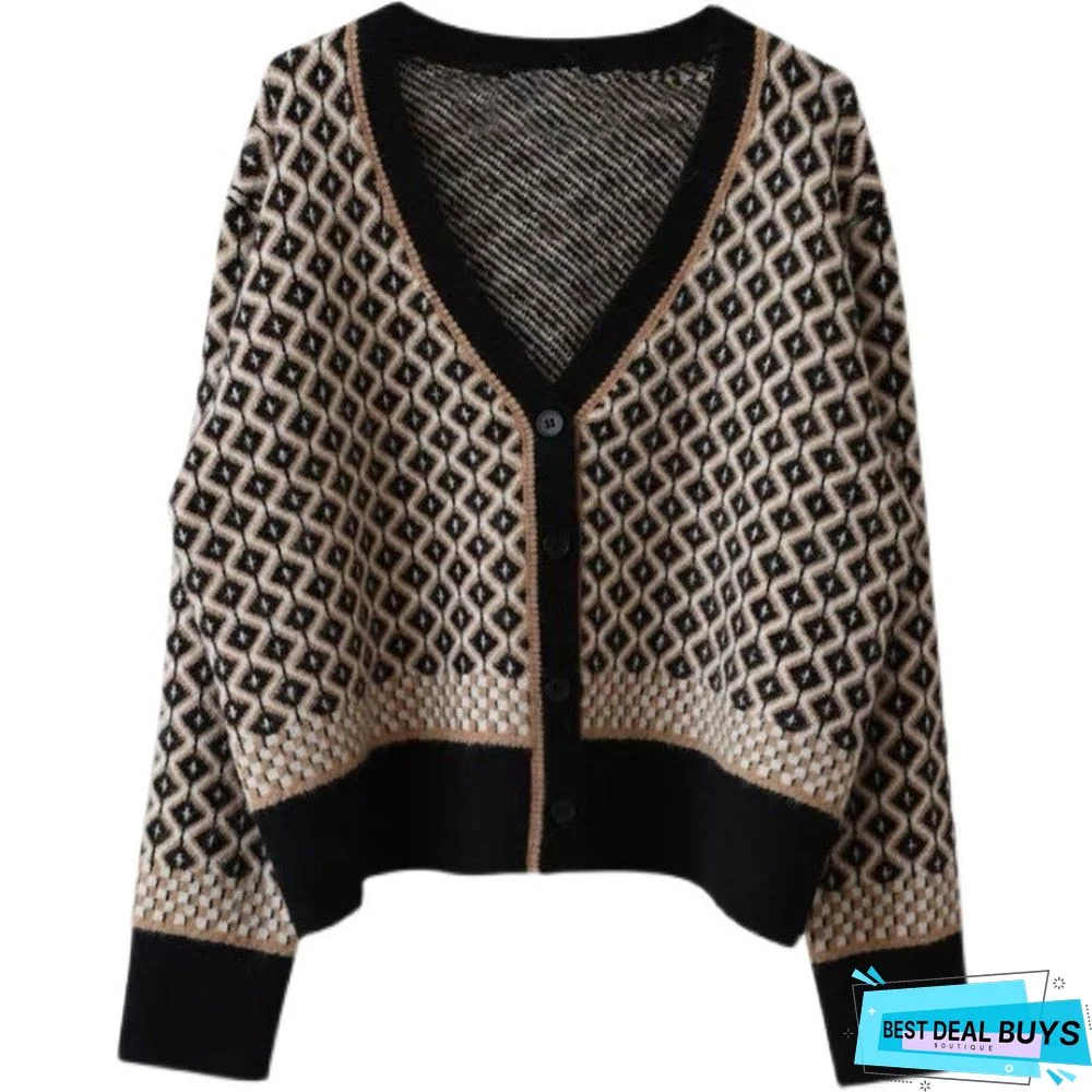 Temperament Contrast Knitted Cardigan Female V-Neck Rhombic Thick Loose Coat Sweater