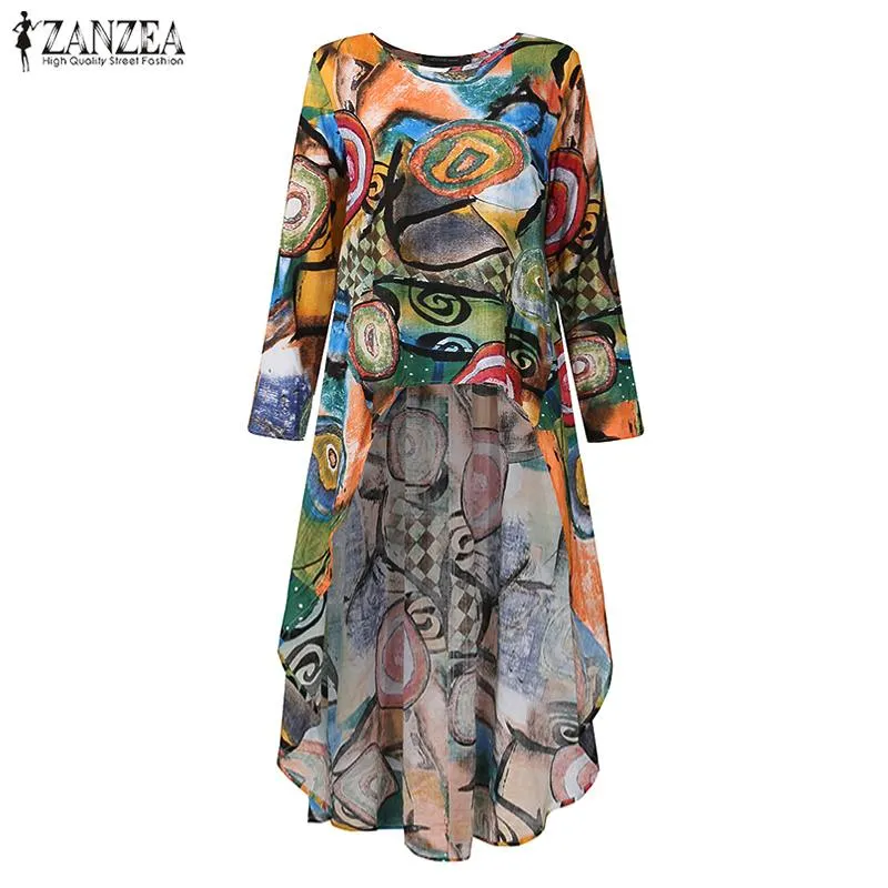 ZANZEA Summer Asymmetrical Blouse Fashion Women Floral Printed Tops Bohemian High Low Long Shirt Casual Long Sleeve Blusa Mujer7