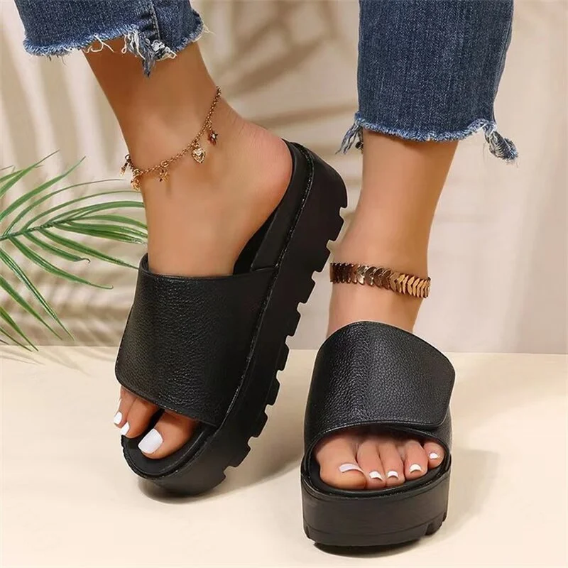 2022 new summer high-heeled sandals women wear micro-slim thick-bottomed muffin slippers one-word casual simple slippers