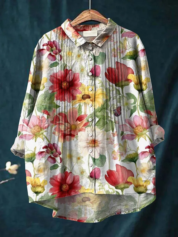 Women's Retro Art Flowers Print Casual Cotton And Linen Ruffle Shirt