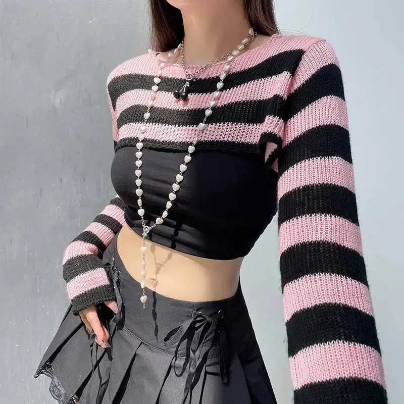 Brownm Striped Knitted Shrug Sweater