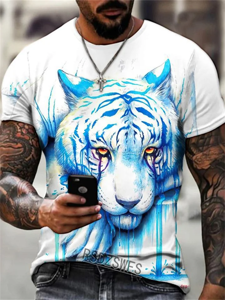Men's Short-sleeved Round Neck 3D Digital Printing Animal Tiger Lion T-shirt Tops