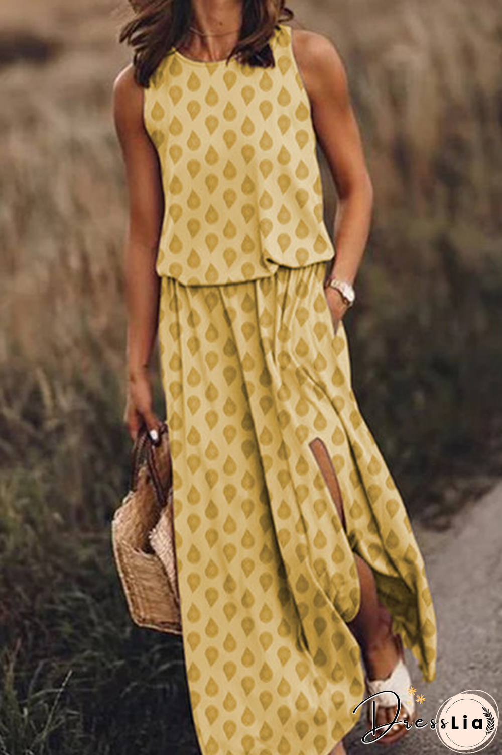 Casual Print Slit O Neck Sleeveless Two Pieces(3 Colors)