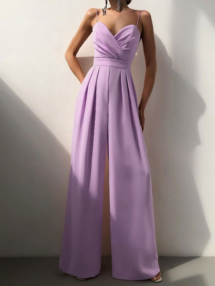 Lvs&Broner Chic Lilac Sweetheart Spaghetti Strap Sleeveless Pleated Long Wid-Leg Jumpsuit