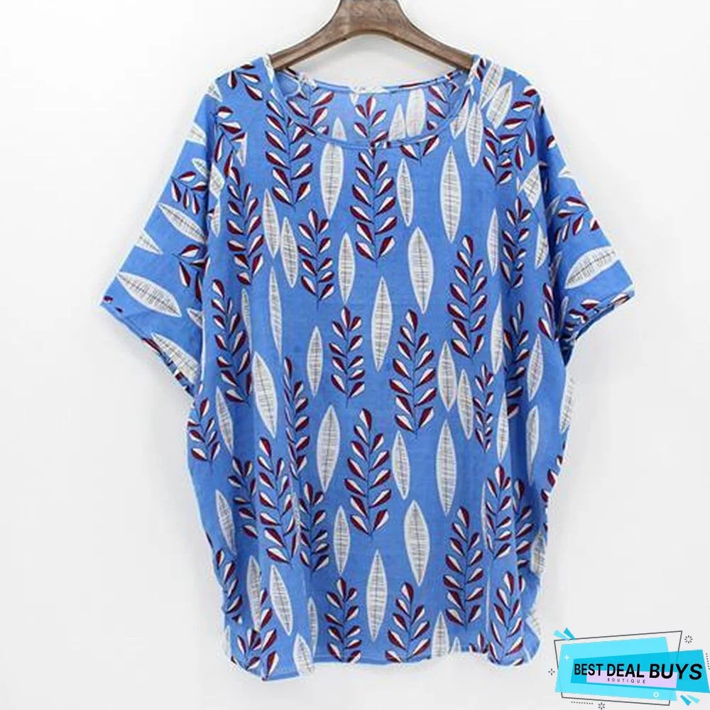 Plus Size Women Batwing Casual Tops Tees Floral Print Cotton Linen Blouses