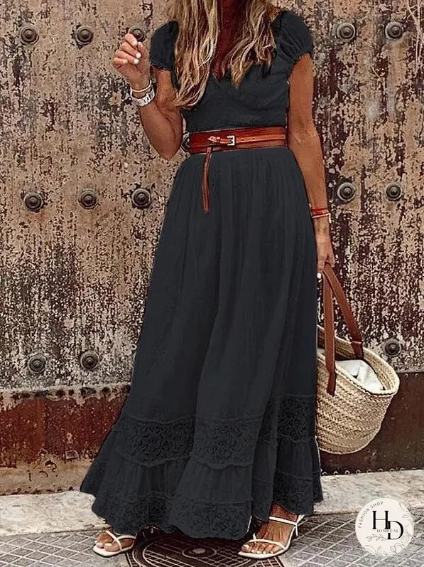 Elegant V-neck Lace Stitching Belt Long Dress