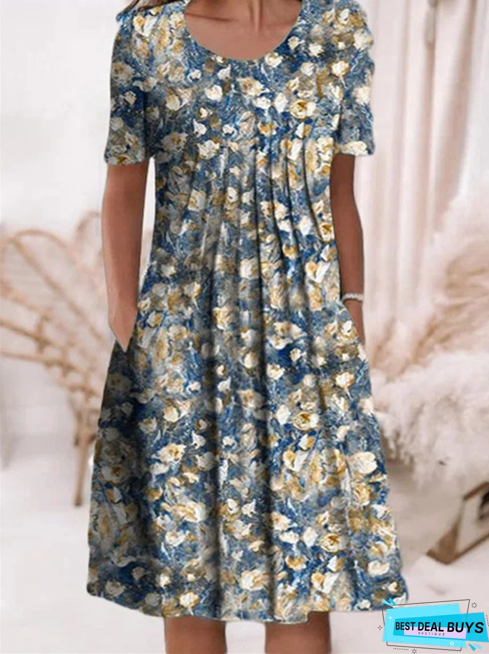 Casual Flower Round Neck Medium Length Straight Dress