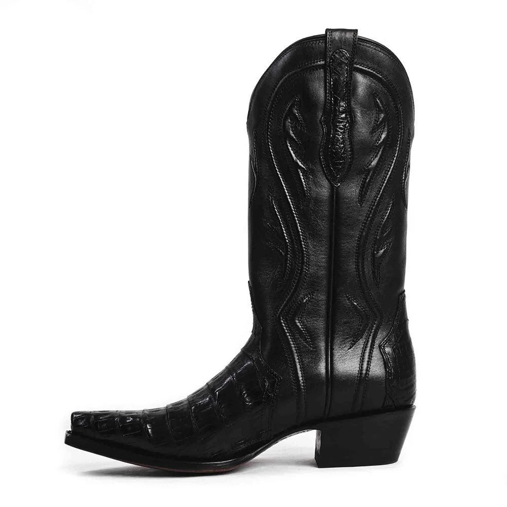 Black Snip Toe Mid Calf Croc Embossed Cowgirl Boots with Stitch