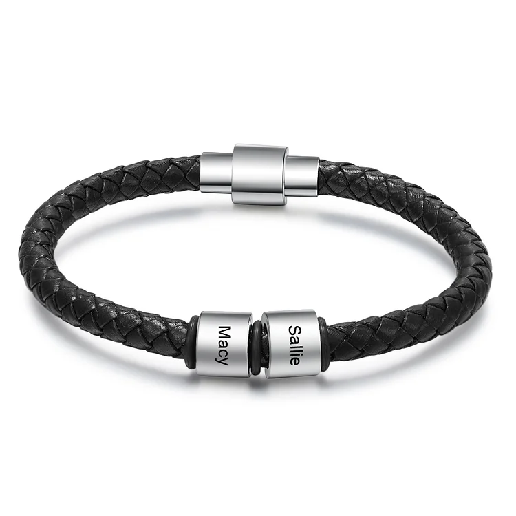 Leather Braided Bracelet Custom 2 Names Bead Bracelet for Men