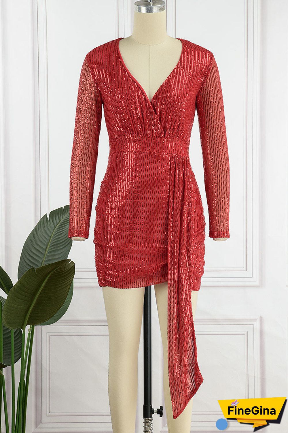 Burgundy Sexy Solid Sequins Patchwork Asymmetrical V Neck One Step Skirt Dresses