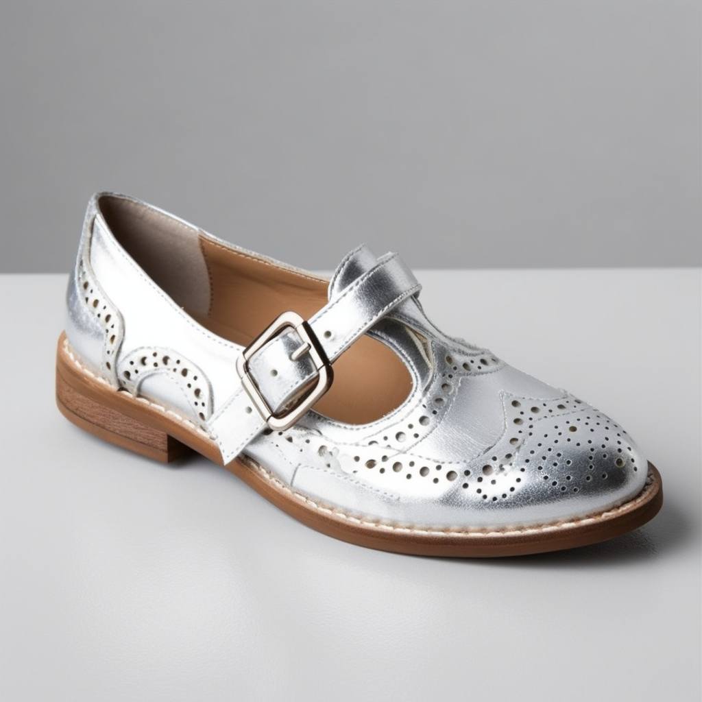 Silver Rounded Toe Block Heel Oxford Shoes with Buckle Nicepairs