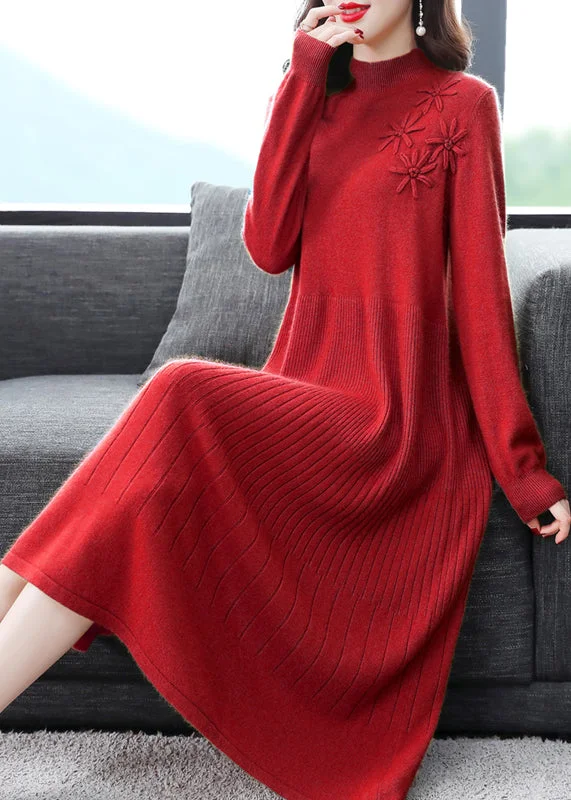 Red Patchwork Woolen Dress Embroideried Turtleneck Fall
