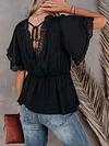 Solid Color Lace Split-Joint Short Sleeves Shirt Tops