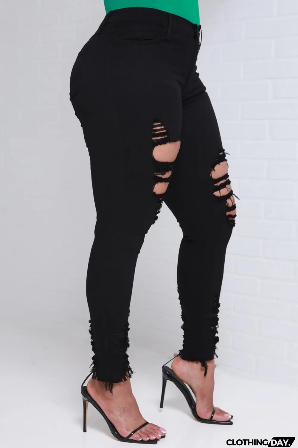 Black Casual Solid Ripped High Waist Skinny Denim Jeans