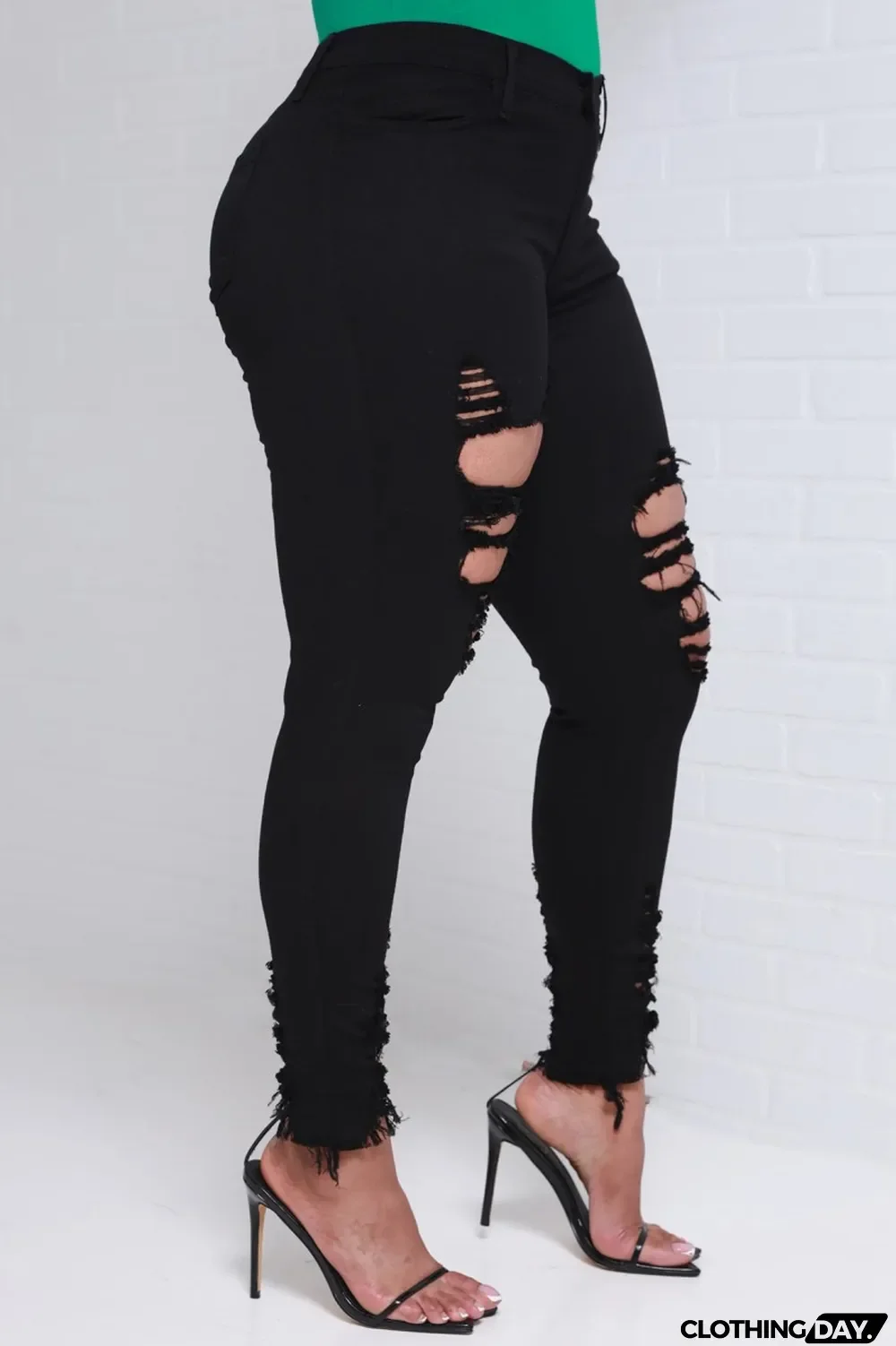 Black Casual Solid Ripped High Waist Skinny Denim Jeans